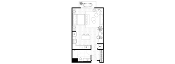 A black and white floor plan of a house with a living room, dining room, kitchen, and bathrooms.